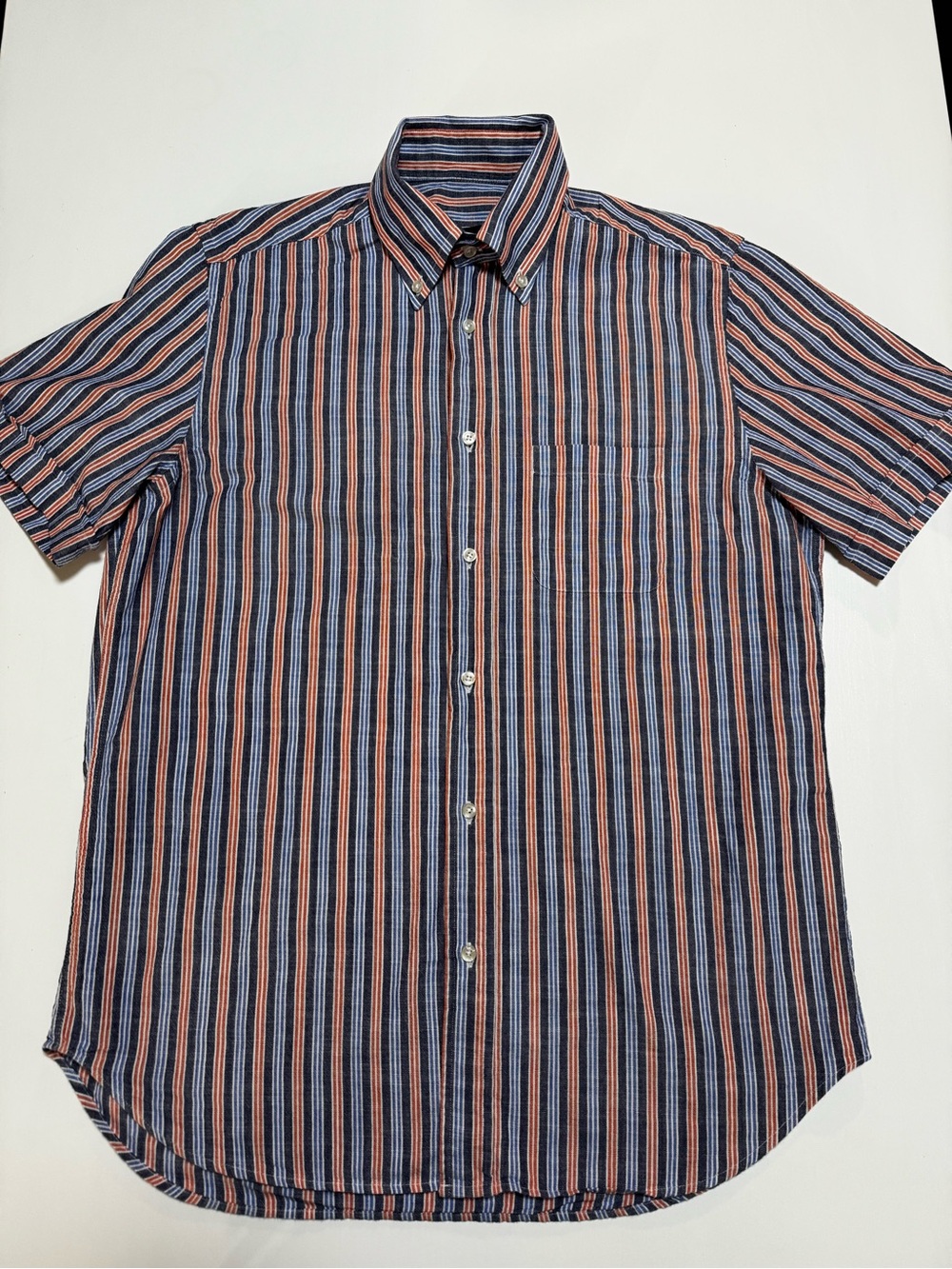 Belmonte Men's Short-Sleeve Button-Down Shirt - Navy & Orange Stripe, M